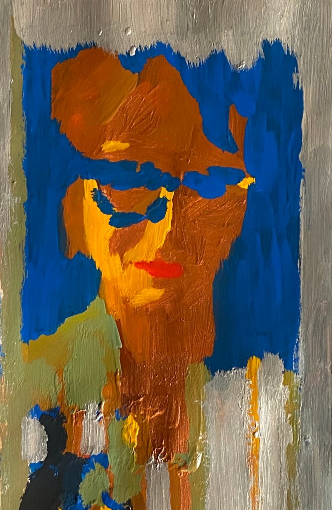 An abstract portrait featuring a face with orange and yellow tones, set against a blue background, highlighting glasses and bright red lips.